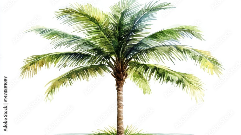 Obraz premium Tropical Hawaiian flora is depicted in a watercolor art piece featuring a palm tree isolated on a white background, perfect for greeting cards, travel, vacation, or holiday designs and prints