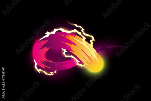Speed effect cartoon vfx. Comic line blaster shot. Energy fire flame light. Neon color, asteroid flying rock. Flash lightning motion. Fantasy vector element