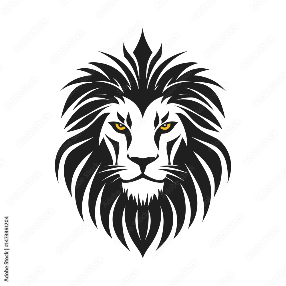 Fototapeta premium Lion Emblem: A striking artistic representation of a lion's majestic head, with a focus on the powerful gaze of its eyes and the detailed rendering of its mane.