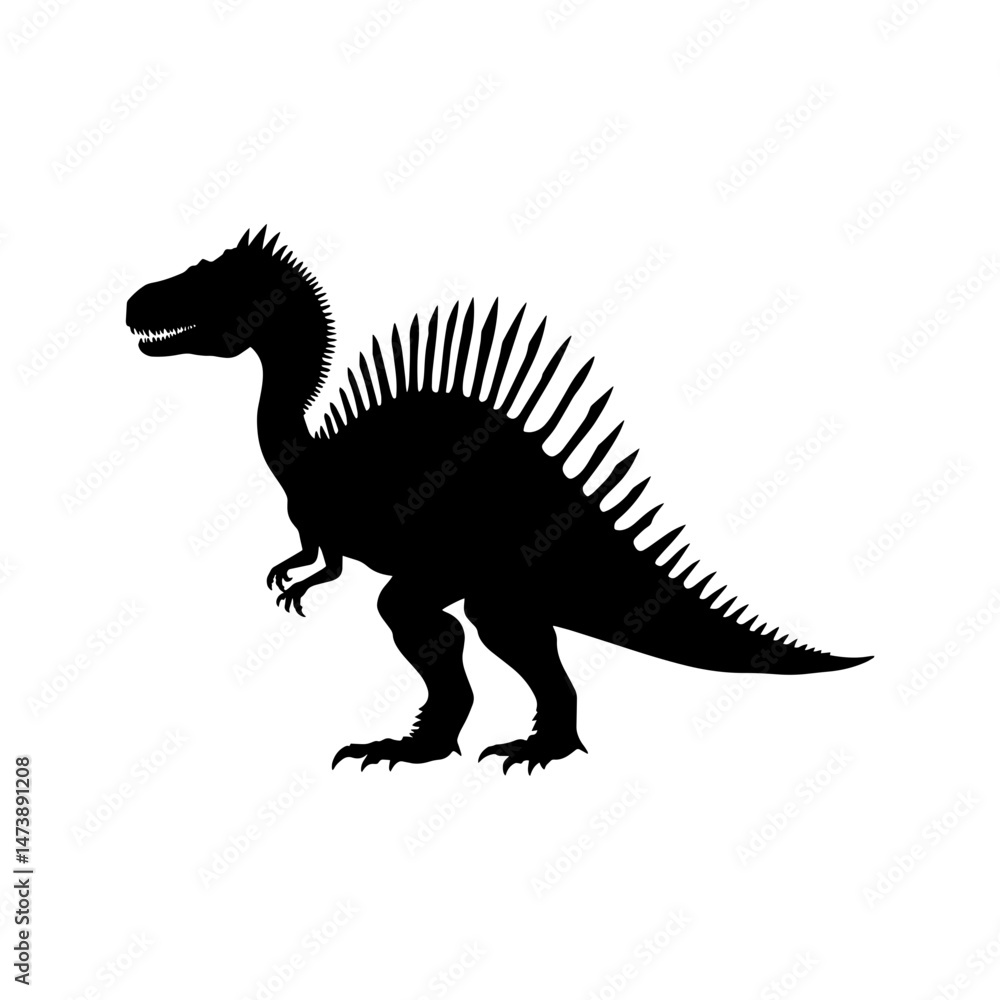Obraz premium Spinosaurus silhouette : A striking silhouette of a Spinosaurus, a prehistoric giant, against a minimalist backdrop, evoking a sense of raw power and ancient mystery.