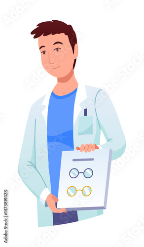 Eyesight diagnostics. Eyes test procedure in hospital. Ophthalmology clinic. Vector cartoon character isolated on white background