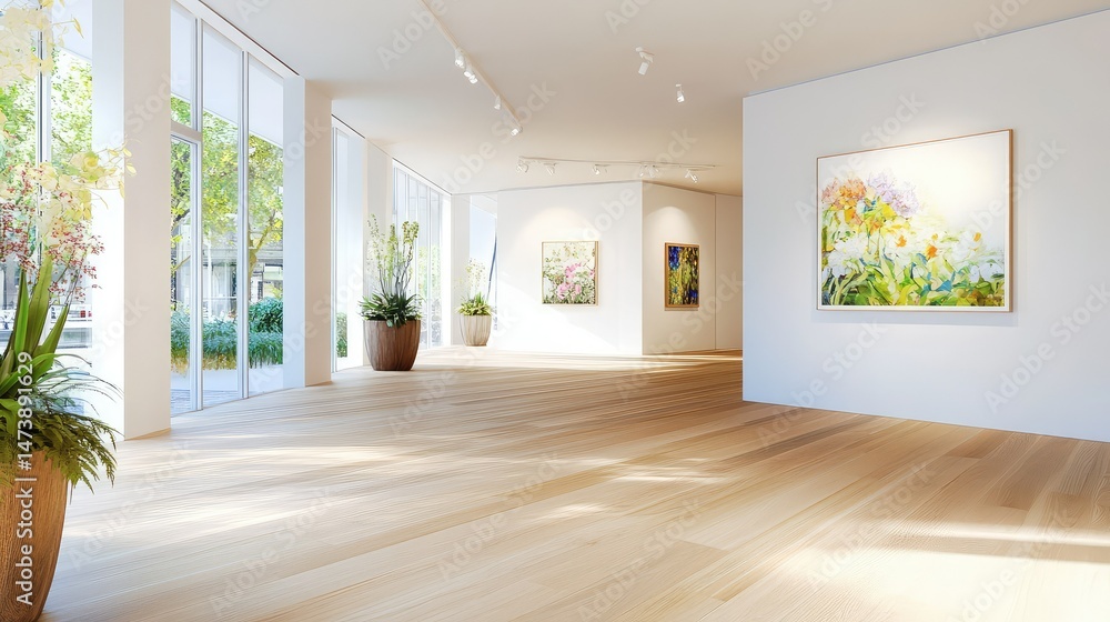 Obraz premium Quiet gallery interior, white walls contrast warm wood floor, modern and elegant design