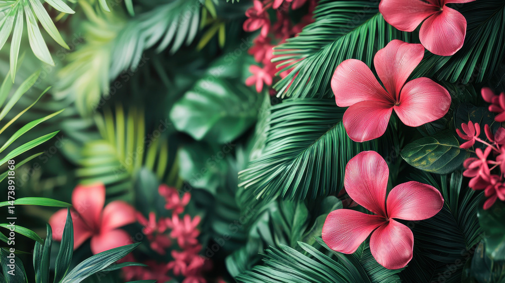 A 3D botanical dream unfolds in realistic 4K with vibrant pink flowers and lush green leaves, a side angle view showcasing nature's intricate details beautifully. A 3D botanical dream unfolds in realistic 4K with vibrant pink flowers and lush green leaves, a side angle view showcasing nature's intricate details beautifully.