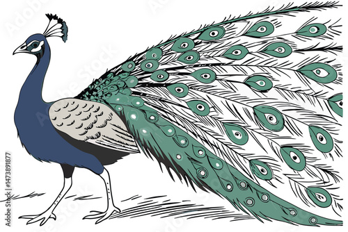 104 a detailed painting of a majestic peacock with vibrant plumage, showing its magnificent tail feathers in full display, hyper-realistic, 8k, highly detailed, extremely sharp focus, award-winning, d