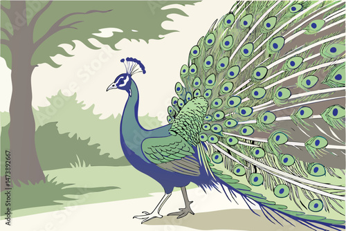 104 a detailed painting of a majestic peacock with vibrant plumage, showing its magnificent tail feathers in full display, hyper-realistic, 8k, highly detailed, extremely sharp focus, award-winning, d