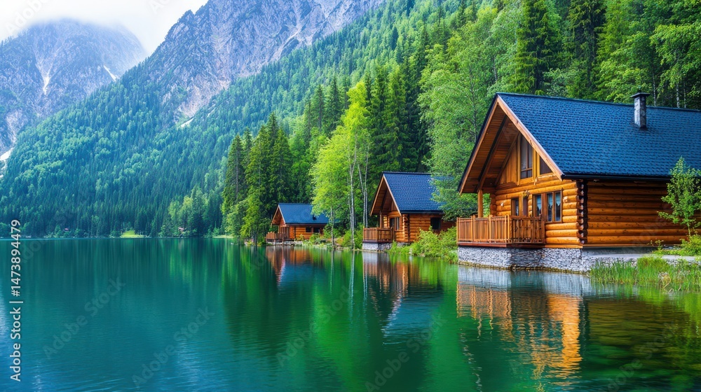 Lakefront Cabins: Nestled on the tranquil shores of a pristine lake, a row of cozy cabins offers a serene escape into nature, with the backdrop of majestic mountains and lush greenery. Lakefront Cabins: Nestled on the tranquil shores of a pristine lake, a row of cozy cabins offers a serene escape into nature, with the backdrop of majestic mountains and lush greenery.