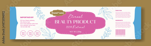 Modern Cosmetics Packaging Label template design, horizontal Cosmetic,skin care, beauty care social media cover, header, web banner design, with organic floral vector background