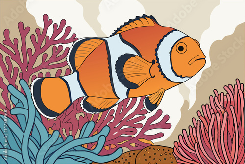 105 clownfish, vibrant orange and blue, detailed scales, marine life, underwater, colorful, high-definition, intricate patterns, photo-realistic