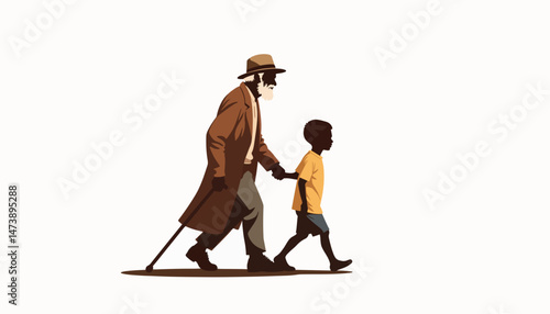 Elderly man walking with grandson in minimalistic style, family bond