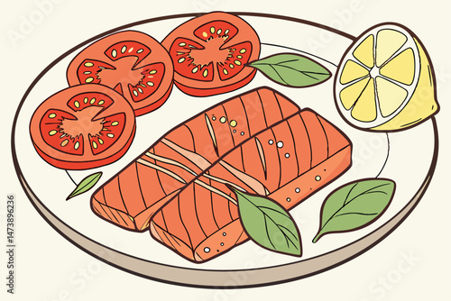106 tomato slices, fresh basil leaves, lemon wedge, grilled salmon fillets, ceramic plate, close-up food photography