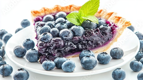 Sweet Blueberry Pie Slice: A delectable slice of blueberry pie on a white plate, adorned with vibrant blueberries and a fresh mint leaf. This captures the essence of a simple, yet satisfying dessert.