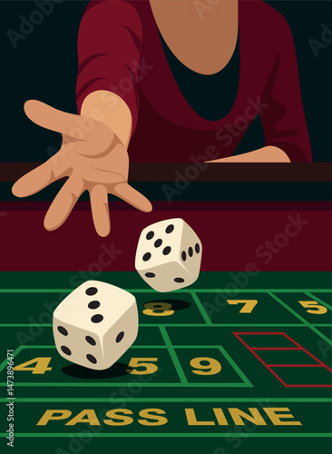 Vector flat illustration of female silhouette, woman hand throwing dice, playing dice on green casino background. Casino scene symbolizes excitement, risk. Use for casino and poker projects