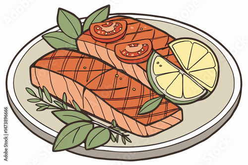 106 tomato slices, fresh basil leaves, lemon wedge, grilled salmon fillets, ceramic plate, close-up food photography