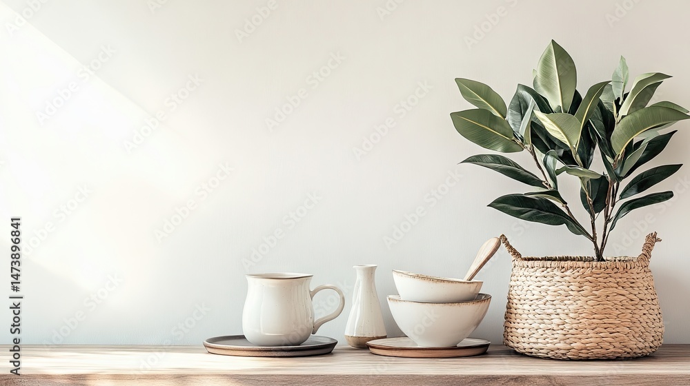 Neutral-toned tabletop with elegant artificial rubber plant and ceramic dishware Neutral-toned tabletop with elegant artificial rubber plant and ceramic dishware