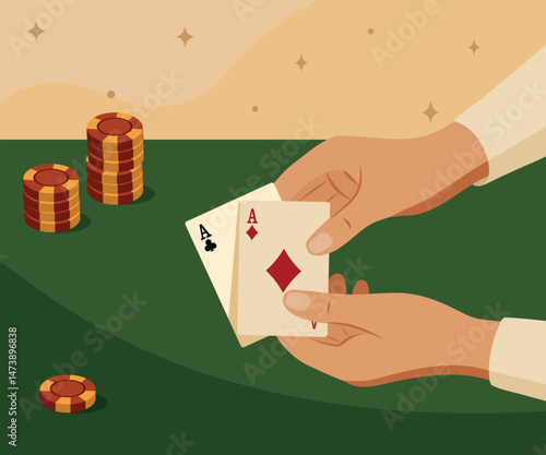 Vector illustration of hands with aces cards on casino table and chips background. Gambling, luck, strategy poker game. Casino scene symbolizes excitement, risk. Use for casino and poker projects