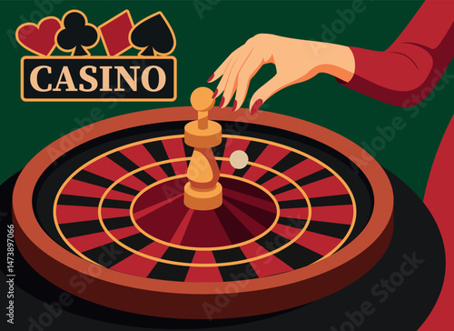 Vector minimalistic retro illustration of a woman's hand spinning a ball on a roulette wheel. Casino logo. Elegant casino scene symbolizes excitement, risk, style. Use for casino and poker project