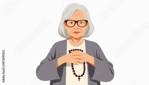 Elderly woman holding rosary in minimalist design, spiritual reflection