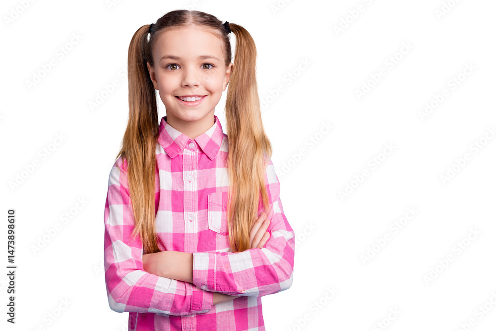 Close up photo beautiful she her little lady pretty hairdress arms crossed like study school best student weekend vacation mood wear casual checkered plaid pink shirt isolated bright blue background Close up photo beautiful she her little lady pretty hairdress arms crossed like study school best student weekend vacation mood wear casual checkered plaid pink shirt isolated bright blue background