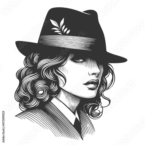 mysterious woman wearing a dark fedora, partially shadowed, evoking noir or classic detective vibes sketch engraving generative ai vector illustration. Scratch board imitation. Black and white image.