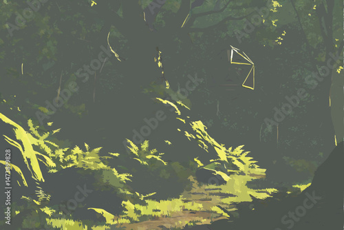 107 3d render, highly detailed, photorealistic, lush green forest, geometric shapes, floating island, intricate textures, mossy rocks, vibrant foliage, dramatic lighting, fantasy landscape