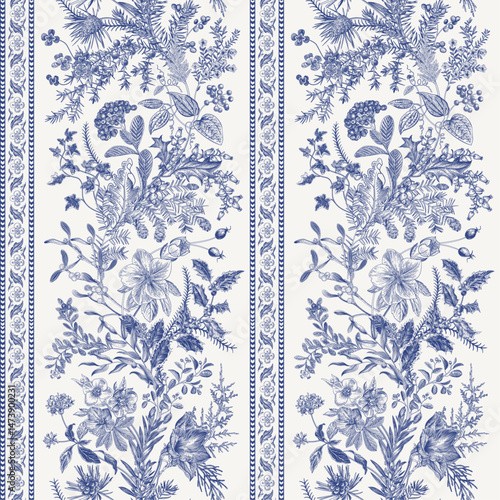 Seamless christmas pattern. Winter flora. Climbing floral vertical stripes. Blue and white. 