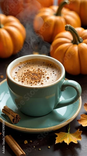 Teal cup filled with steaming pumpkin spice latte, topped with cinnamon, resting on a matching saucer alongside cinnamon sticks and autumn leaves, surrounded by vibrant pumpkins