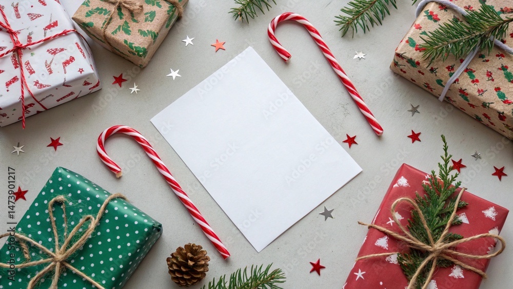 Obraz premium Christmas flat lay ornaments pine cones gift boxes neutral background copy space