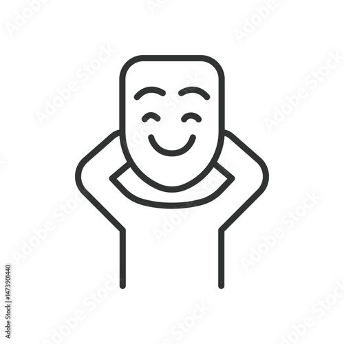 Fake emotions, icon in line design. Fake emotions, insincerity, pretend feelings, emotional mask, false smile, deception, hidden feelings on white background vector. Fake emotions, editable stroke ico