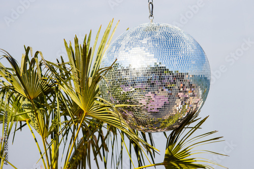 mirror disco ball hanging among palm leaves
