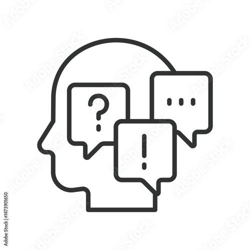 Inner dialogue, icon in line design. Inner dialogue, self-talk, internal monologue, introspection, personal thoughts, mental chatter on white background vector. Inner dialogue, editable stroke