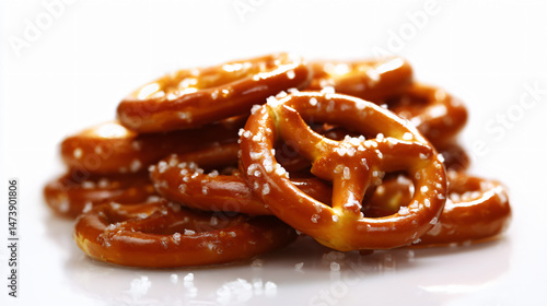 A heap of tasty brown pretzel repeat a baked snack insulate on a whitened background.