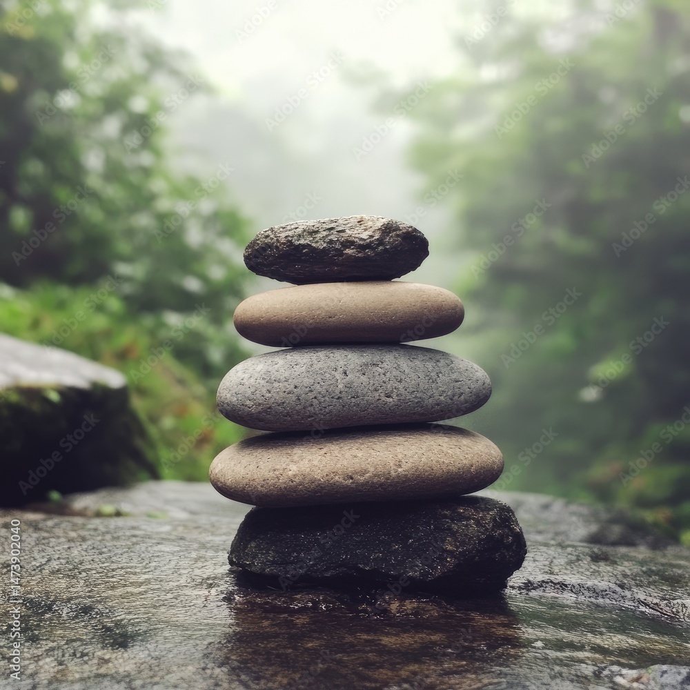 Stacked stones in misty forest Stacked stones in misty forest
