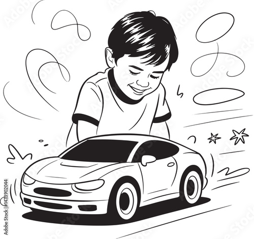 Happy child with a toy car vector illustration in black and white simple design