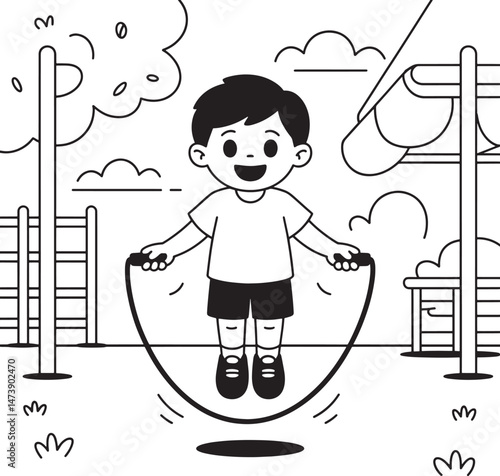 Happy little boy enjoying jumping rope outdoors on a sunny day cartoon illustration