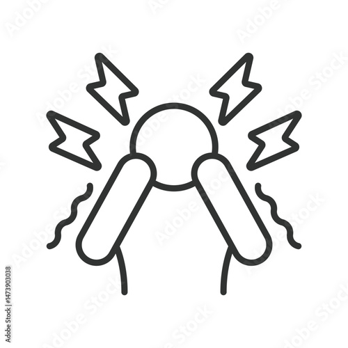 Panic attack, icon in line design. Panic attack, anxiety, fear, chest pain, rapid heartbeat, shortness of breath, distress on white background vector. Panic attack, editable stroke icon