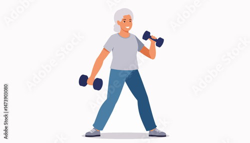 Elderly woman lifting dumbbells in workout pose, fitness empowerment