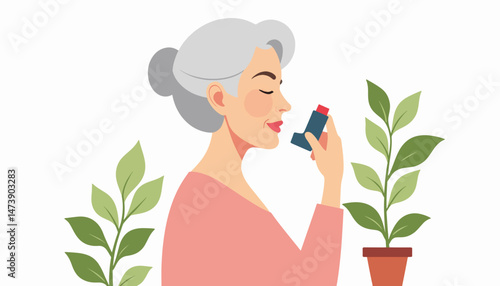 Elderly woman using inhaler with potted plant, health awareness