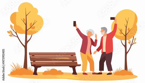 Elderly friends happily taking selfies in a park, joyful memories