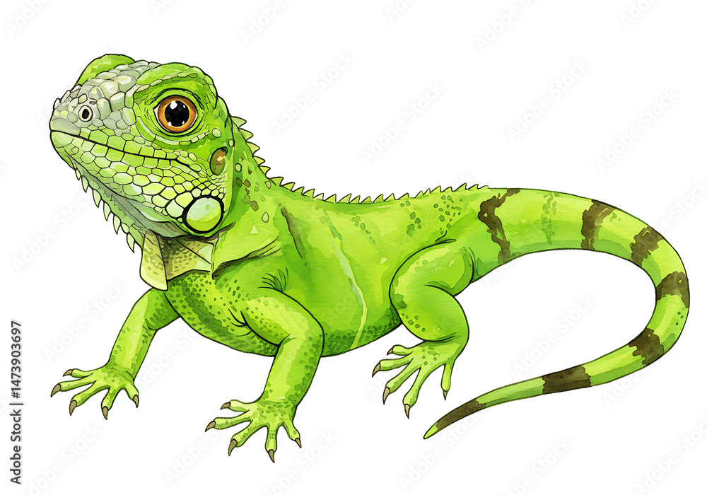 Naklejka premium Vibrant Watercolor Illustration of a Green Iguana isolated on white background.
