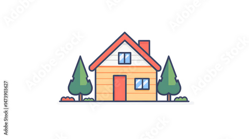 Simple Flat Illustration Of A House In Front Of A Small Wood On Isolated White Background.