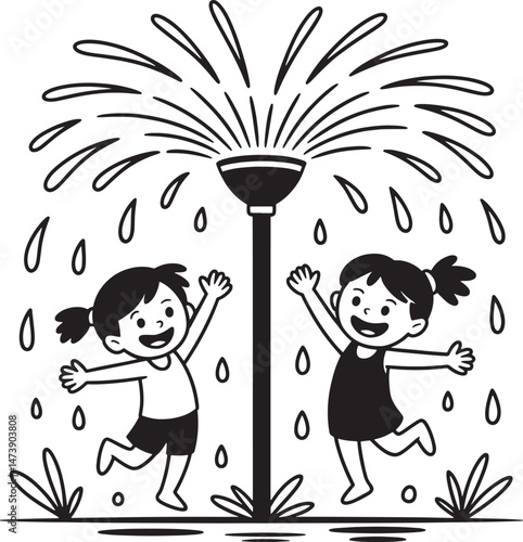 Two cheerful children enjoying water sprinkler fun on a sunny summer day