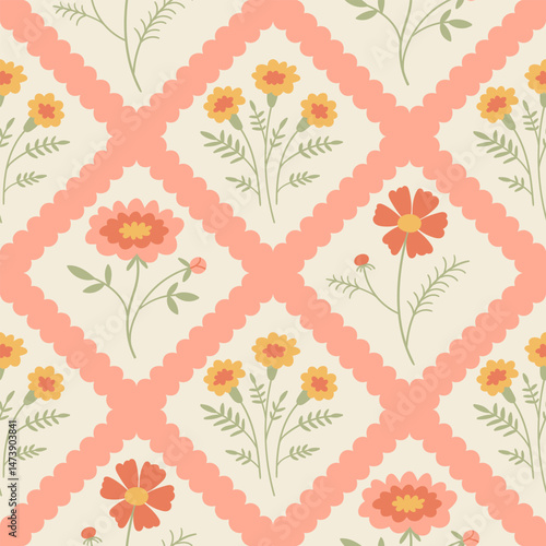 Hand drawn floral seamless pattern with a charming ditsy, whimsical lattice design. Soft, pastel, and nostalgic, perfect for textiles, wallpaper, wrapping paper, and romantic vintage-inspired decor.