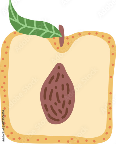 Artistic hand drawn illustration of square peach with leaf. Vector drawing of half of sweet fruit with seed and pulp isolated on white background. Drawing of summer vegan dessert for your printing.