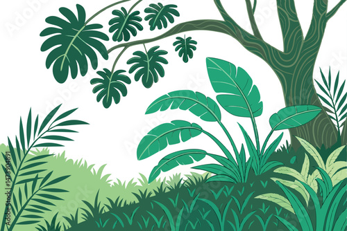 108 lush green foliage, tropical leaves, dense plant growth, vibrant greenery, botanical background, natural texture, verdant vegetation, abundant foliage, thriving nature, flourishing plants