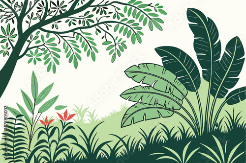 108 lush green foliage, tropical leaves, dense plant growth, vibrant greenery, botanical background, natural texture, verdant vegetation, abundant foliage, thriving nature, flourishing plants