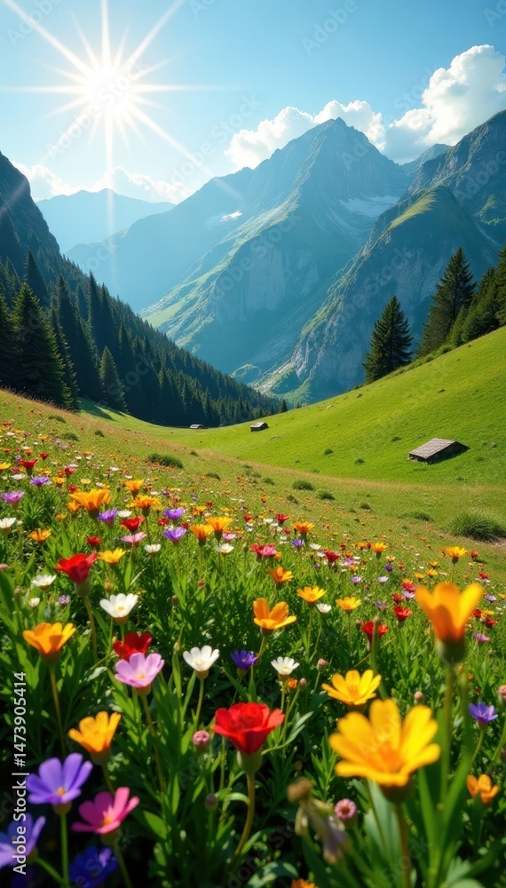 Fototapeta premium Sun-drenched alpine pasture, colorful wildflowers carpet, bloom, austrian alps