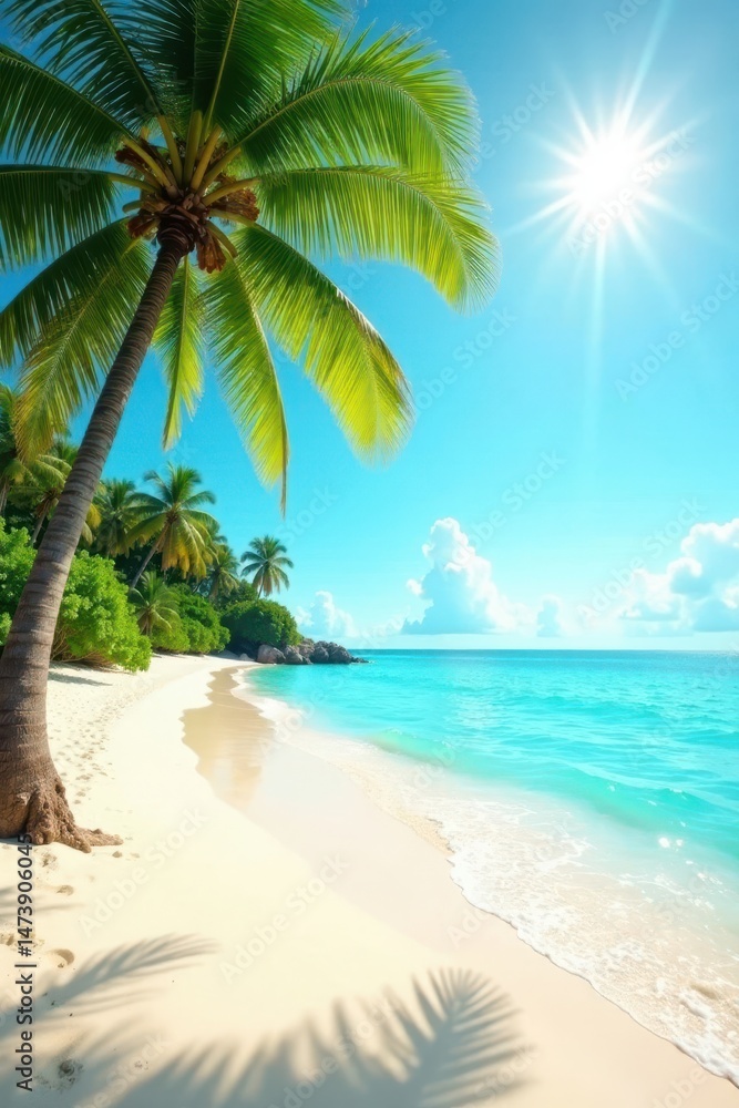 Obraz premium Sun-drenched beach, turquoise water, swaying palms, resort, nature, sand