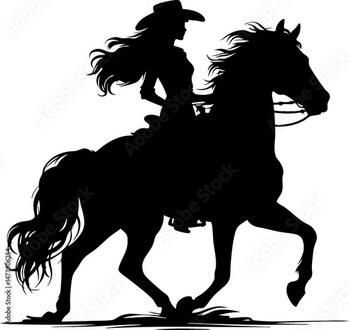 Cowgirl riding, Silhouette illustration of a woman in a hat riding a beautiful horse