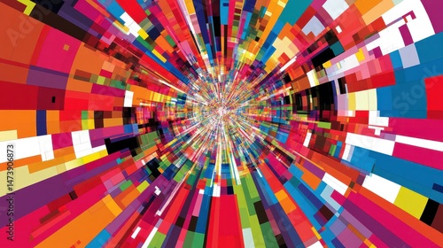 A vibrant artistic burst displays colorful rectangular and striped patterns