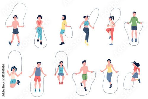 Adults jumping rope training. Men women skipping ropes, outdoor exercises. Seasonal activity, sport cardio training, jumpers recent vector set